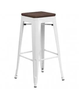 Industrial Bar Stool Glossy White Frame Dark Wood Seat