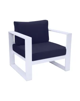 White Frame Single Chair Beige Dark Blue Cushion