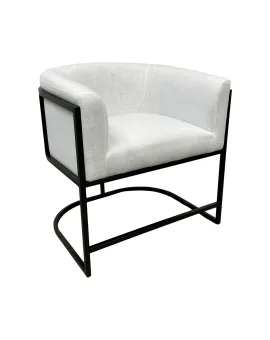 Round White Linen Single Chair Black Frame